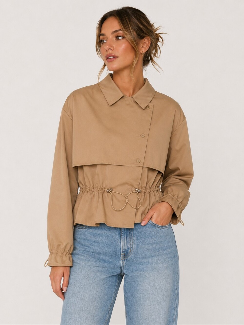 Nasty Gal Tan Utility Drawstring Waist Cropped Jacket Size 10